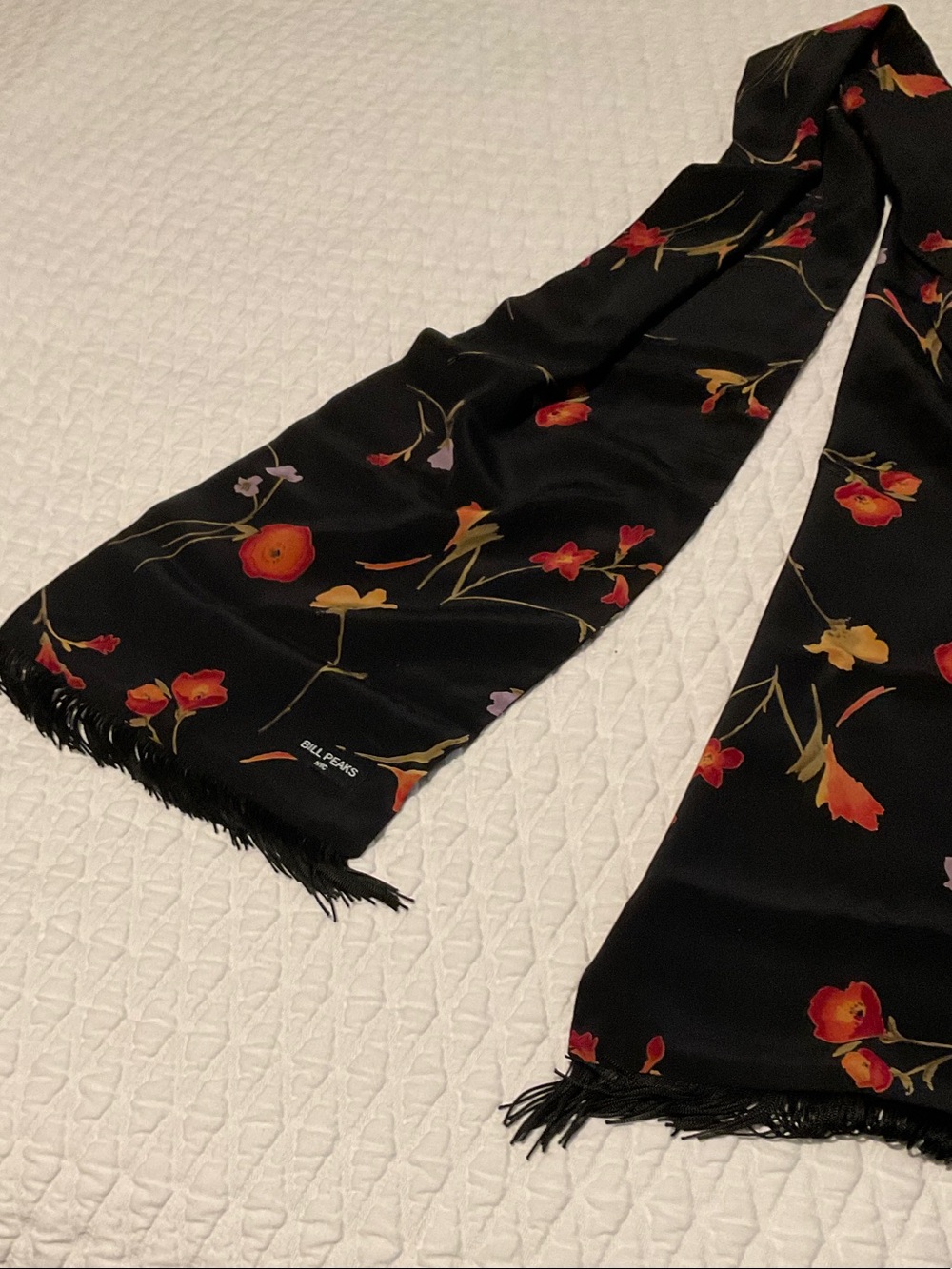 Vintage Bill  Peaks NYC Black Floral Scarf with Red, Orange & Gold Blooms